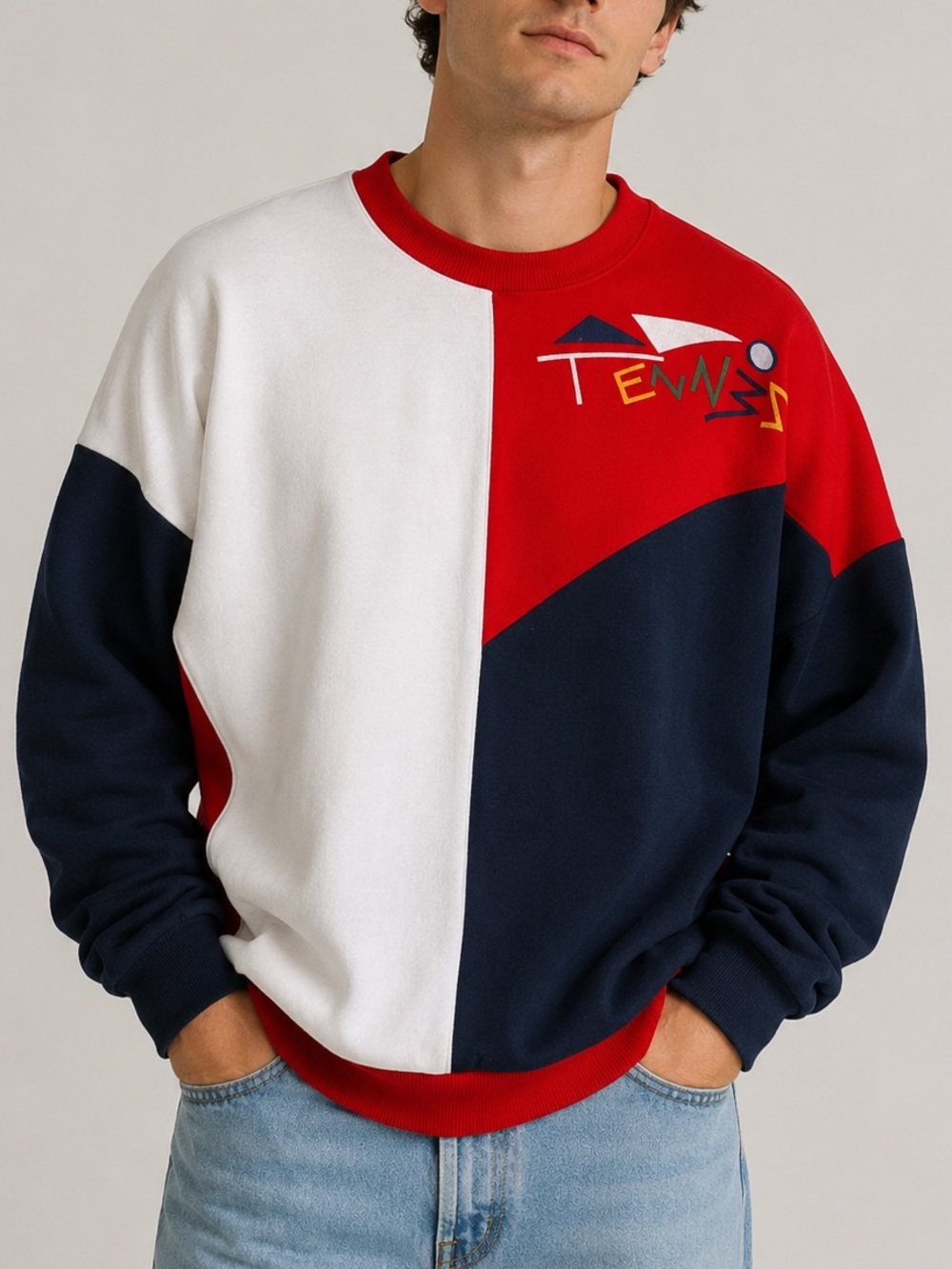 Vintage 80s Peter Tennis Colour Block Crewneck Sweater XL Red Blue White